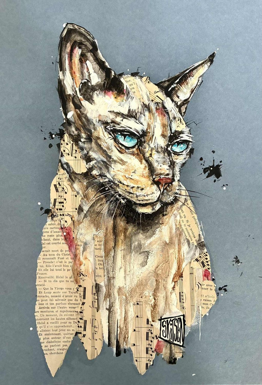 "Le calme du chat". Sur papier gris bleu de 43x39,5cm. Acrylique, pastels, encres, quelques collages. "Skitsen".