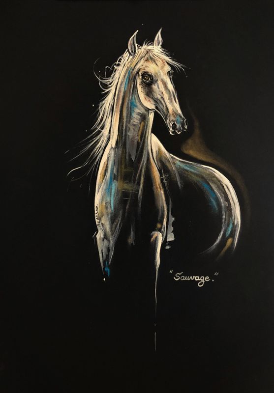 "Sauvage". Sur papier black 250gr 42x29,5cm. Acrylique, pastels, poudre or. "Skitsen"