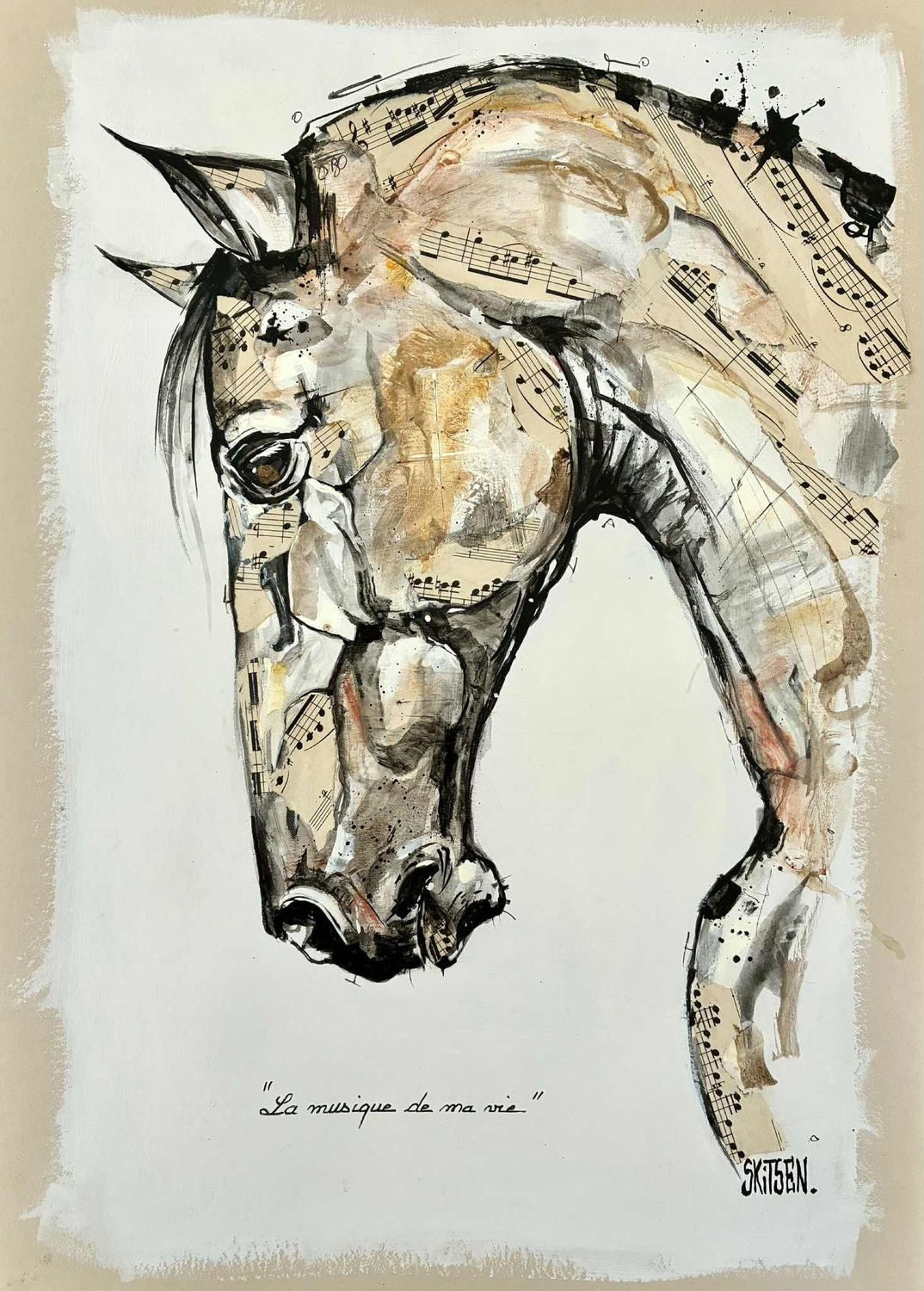 "La musique de ma vie'.  Sur papier 150gr 42x29,5cm. Pastels, Acrylique, pastels, encres, collages partition... "Skitsen"