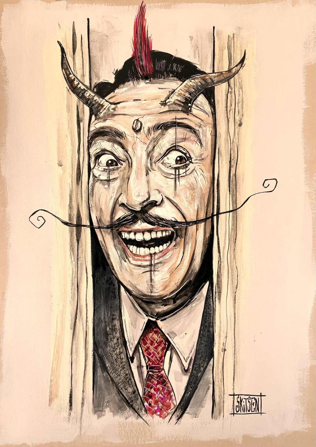 "Dali le Diablotin". Sur papier écru 250gr 42x29,5cm. Acrylique, pastels, encres. "Skitsen"