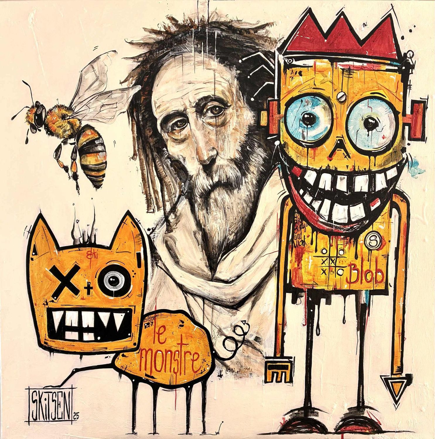 "Saint Barthélemy revisité!!" d'après une oeuvre du célèbre peintre Espagnol José De Ribera de "l'Ecole du Caravage" (1591-1652). Toile châssis li 80x80cm. Acrylique, encres... "Skitsen"