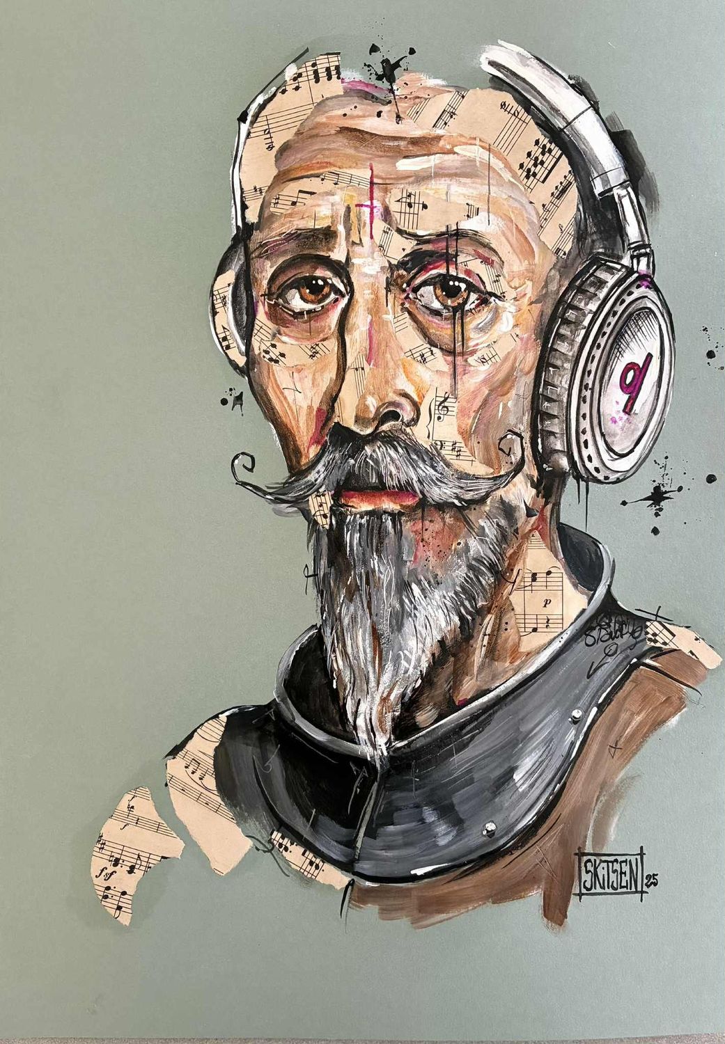 "Don Quichotte" des temps modernes. Sur papier vert 250gr 42x29,5cm.  ACrylique, pastels, encres, quelques collages. "Skitsen"