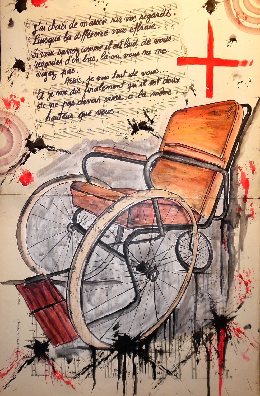 "Différence'..... Sur vieille partition, et plaqué sur bois de 64x40,5cm. Acrylique, encres.... "Skitsen" Texte Ignara.