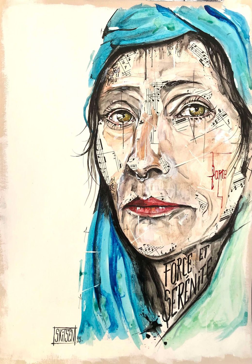 Force et sérénité Force et sérénité". Sur papier écru 250gr 42x29,5cm. Acrylique, pastels, encres, quelques collages. "Skitsen".