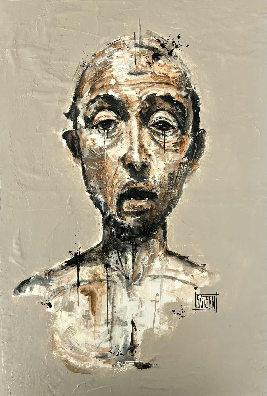 ´Homme du monde ´Réalisation sur vieilles pages et maroufler sur une plaque bois de 53x39cm. Acrylique, pastels, encres.... "Skitsen"