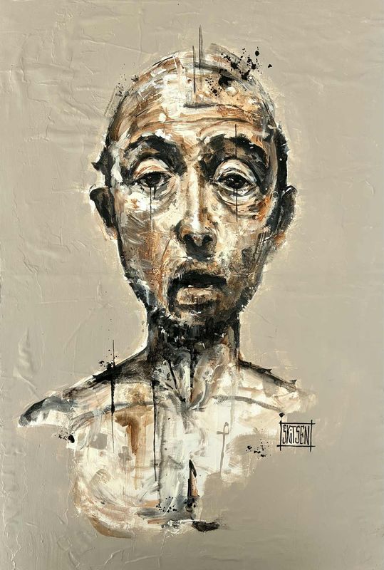 ´Homme du monde ´Réalisation sur vieilles pages et maroufler sur une plaque bois de 53x39cm. Acrylique, pastels, encres.... "Skitsen"