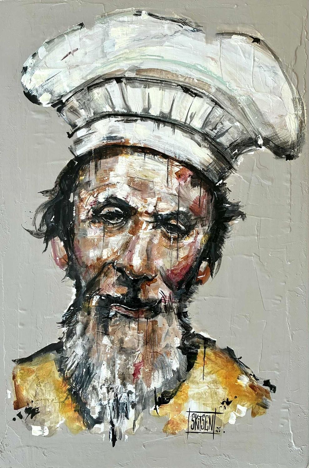 "Le Cuisinier". Sur vieux papier marouflé sur une plaque bois de 61x40,5cm. Acrylique, pastels, encres... "Skitsen"