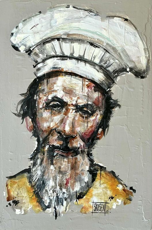 "Le Cuisinier". Sur vieux papier marouflé sur une plaque bois de 61x40,5cm. Acrylique, pastels, encres... "Skitsen"
