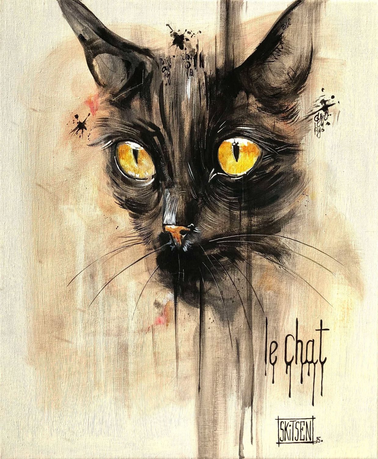 'Le chat' Sur une petite toile châssis lin 55x46cm. Fusains, pastels, encre chine, vernis... 'Skitsen' 'Le chat' Sur une petite toile châssis lin 55x46cm. Fusains, pastels, encre chine, vernis... 'Skitsen'