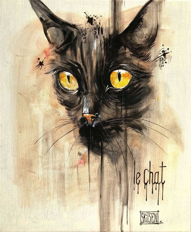 'Le chat' Sur une petite toile châssis lin 55x46cm. Fusains, pastels, encre chine, vernis... 'Skitsen'