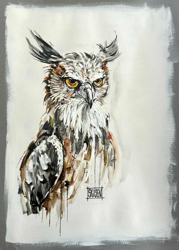 "Un hibou sage ne se perd jamais dans le noir". Sur papier gris 250gr 42x29,5cm Acrylique, pastels, encres. "Skitsen"