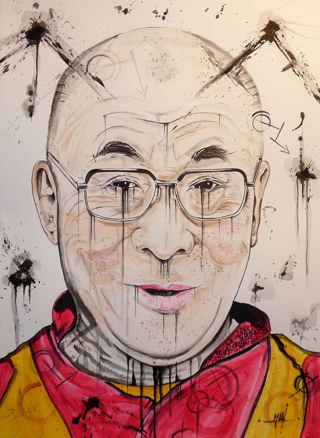 "Daila Lama". Sur papier 250gr 42x29,5cm. Acrylique, encres.. "Skitsen"