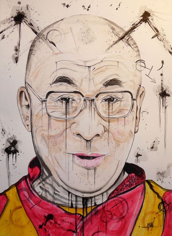 "Daila Lama". Sur papier 250gr 42x29,5cm. Acrylique, encres.. "Skitsen"