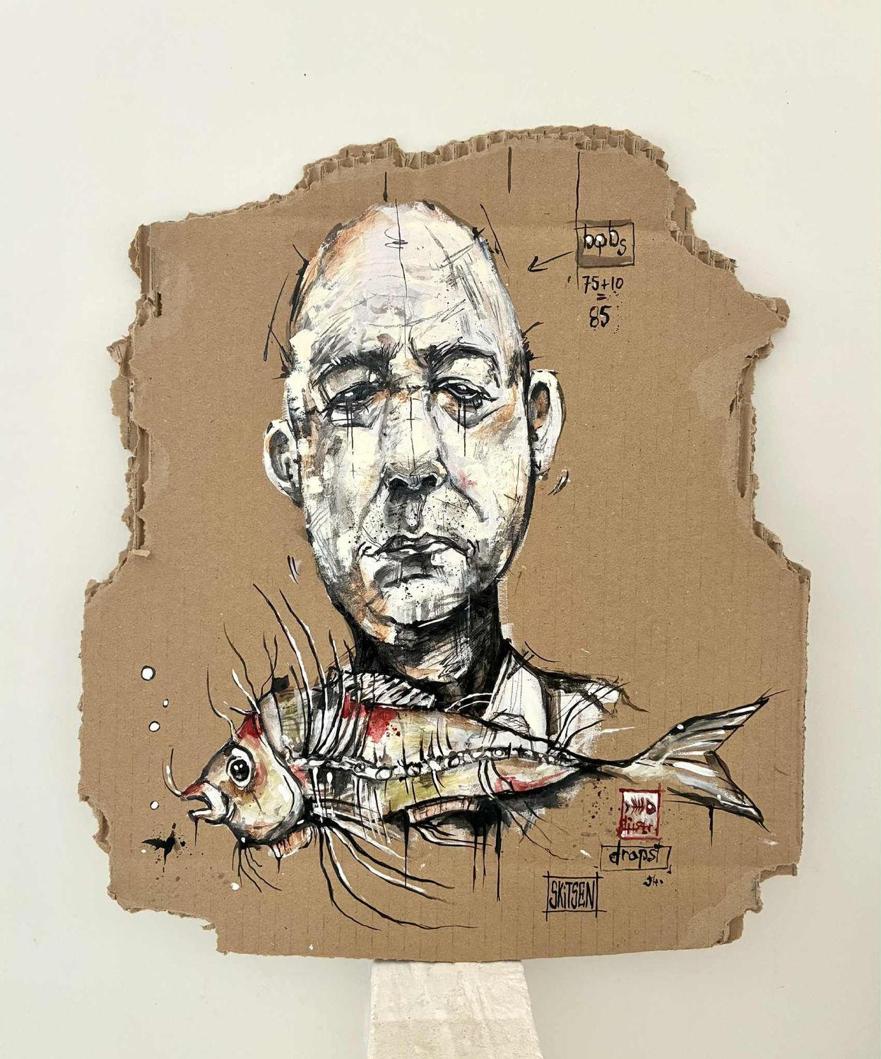 "Qui peche qui..!!". Sur support carton 40x35 cm. Acrylique, encres. Skitsen.