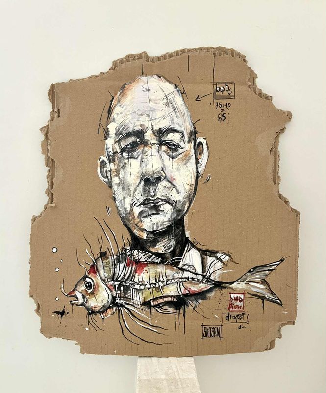 "Qui peche qui..!!". Sur support carton 40x35 cm. Acrylique, encres.  Skitsen.