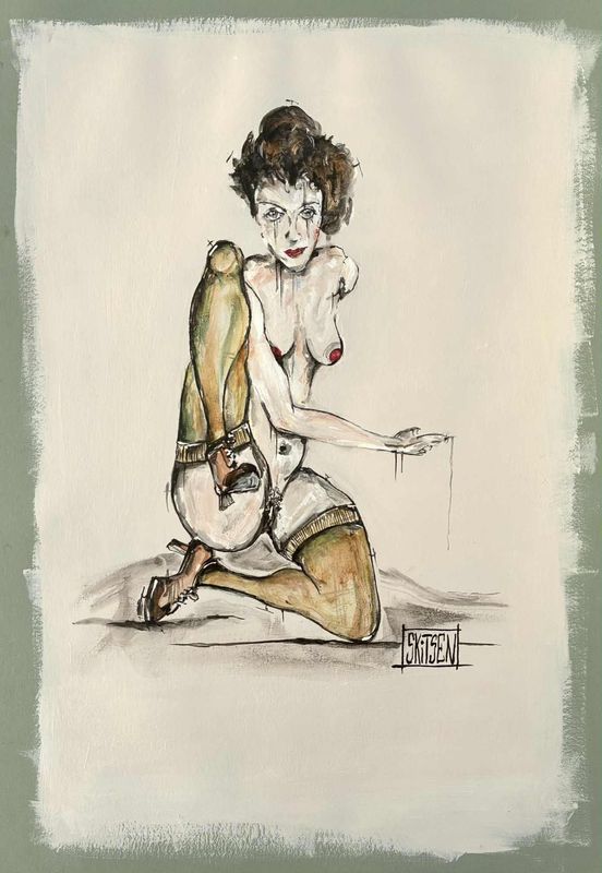 "Nu", inspiration E.Schiele... Sur papier vert 250gr 42x29,5cm. Acrylique, pastes, encres. "Skitsen".