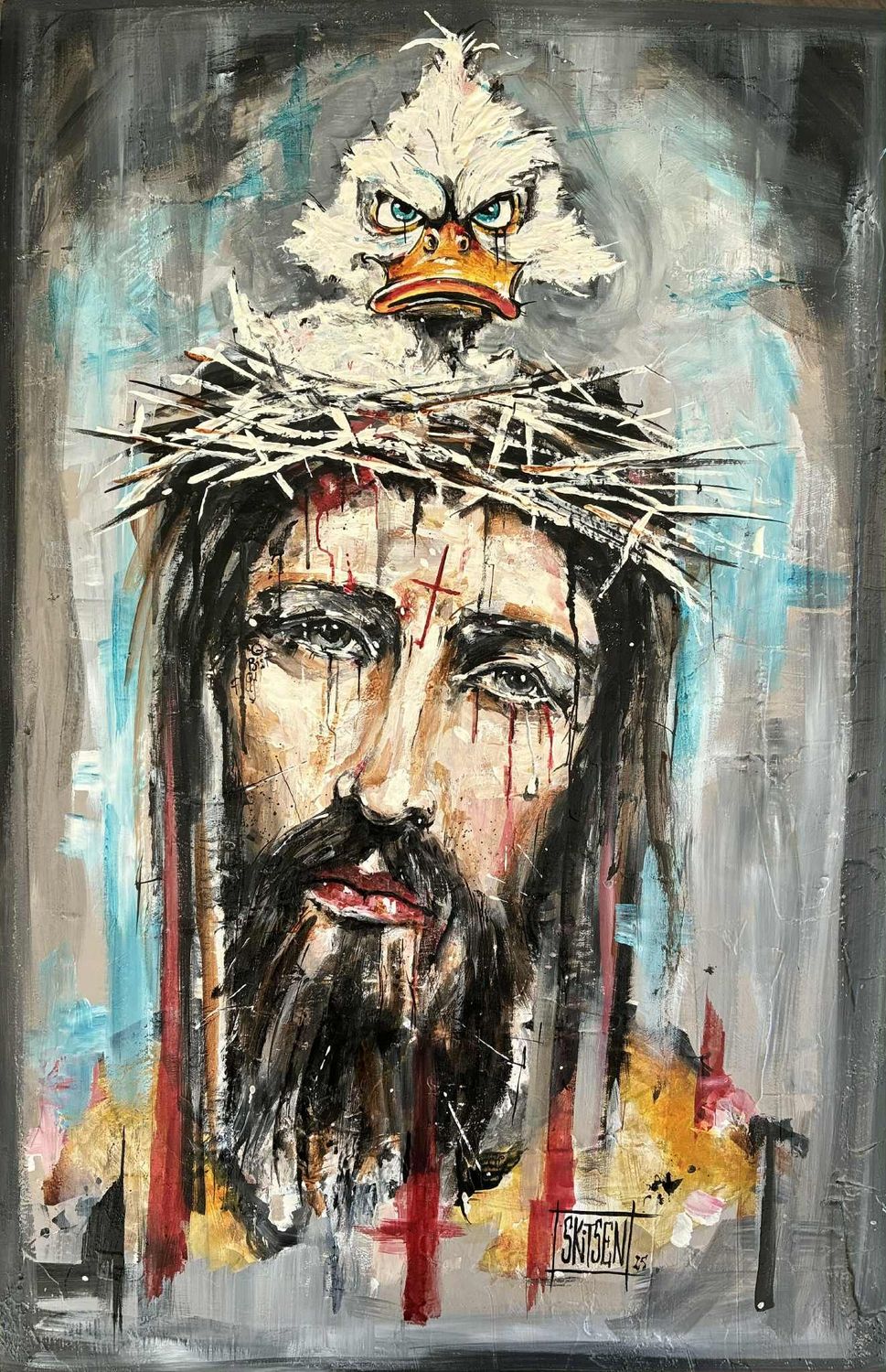 "Et si les épines étaient juste un nid..."? Sur vieux papiers marouflés sur une plaque en bois de 61x40,5cm. Acrylique, pastels, encres.... "Skitsen".