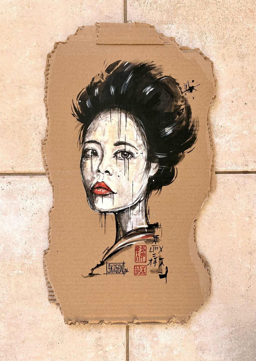 "Femme du monde". Sur carton épais 55x32cm. Acrylique, encres... "Skitsen"