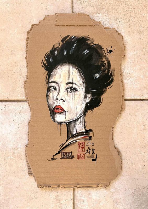 "Femme du monde". Sur carton épais 55x32cm. Acrylique, encres... "Skitsen"