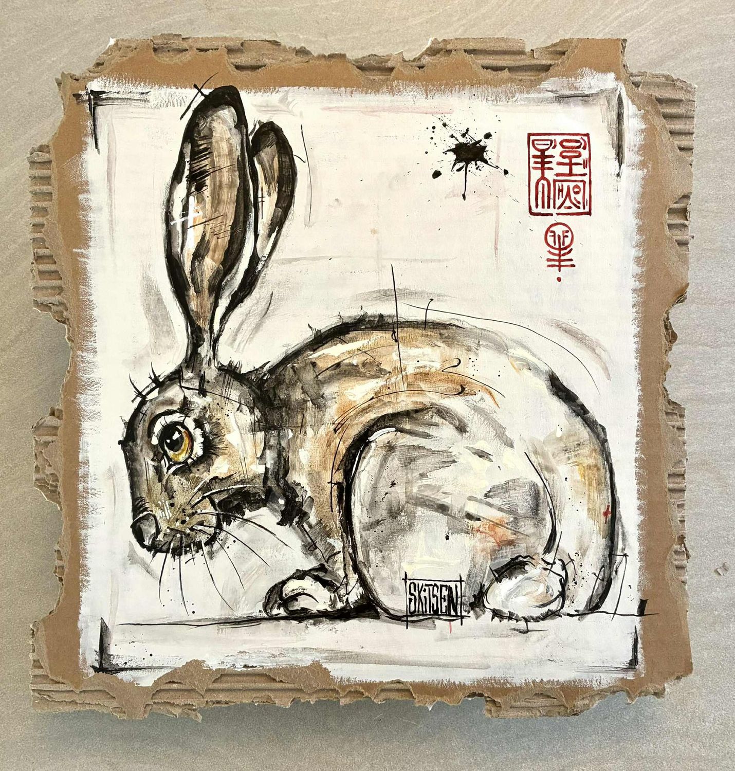 "Le lièvre". Sur carton épais 33x33cm/ Acrylique, encres. "Skitsen"