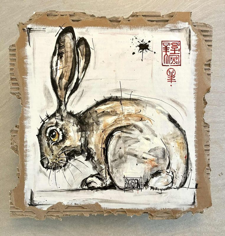 "Le lièvre". Sur carton épais 33x33cm/ Acrylique, encres. "Skitsen"
