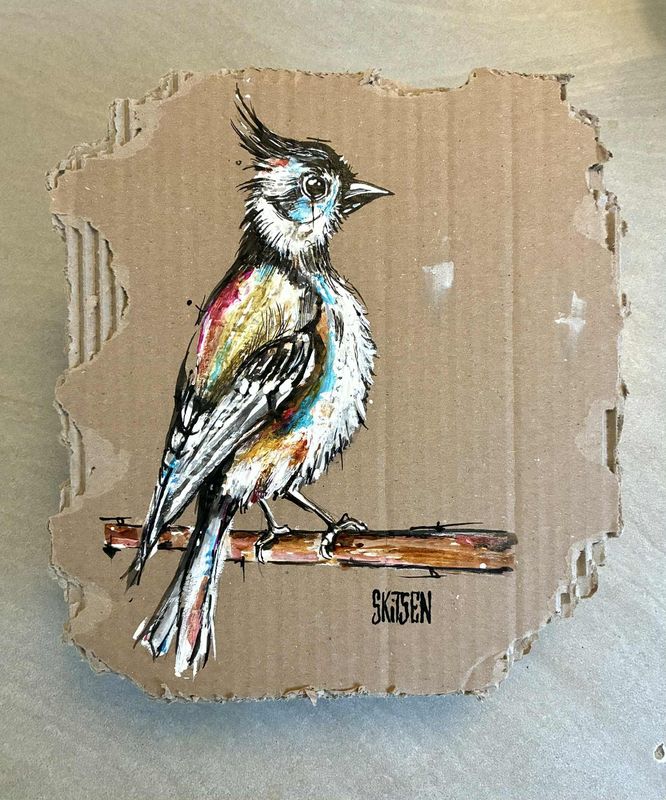 "The bird". Sur carton épais 35x20cm. Acrylique, encres...