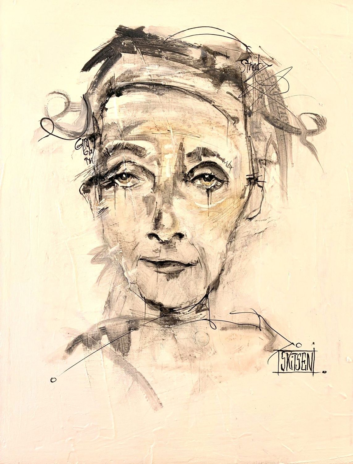 "La sympathique". Sur toile châssis lin 46x33cm. Acrylique, pastels, encre de chine. "Skitsen"