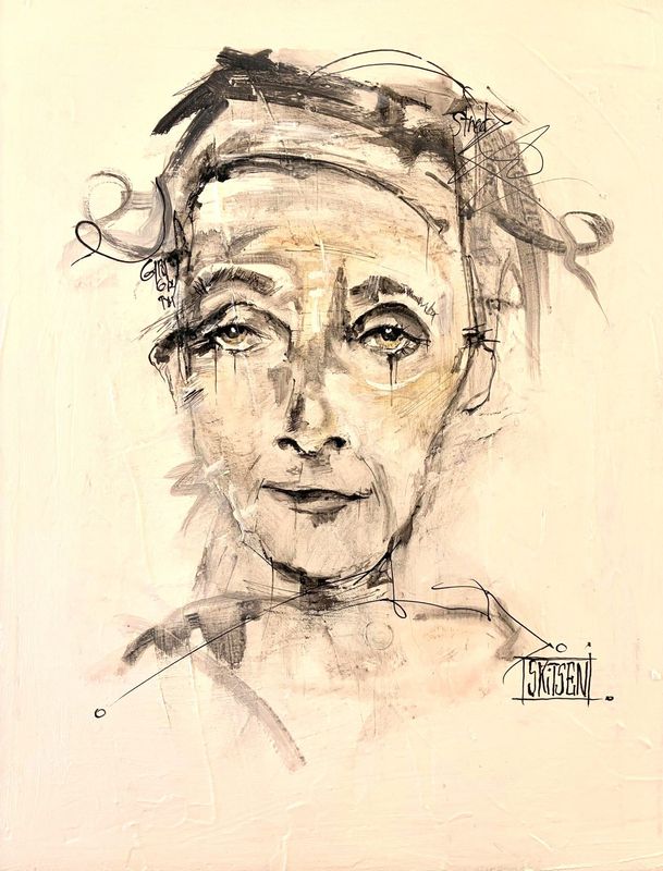 "La sympathique". Sur toile châssis lin 46x33cm. Acrylique, pastels, encre de chine. "Skitsen"