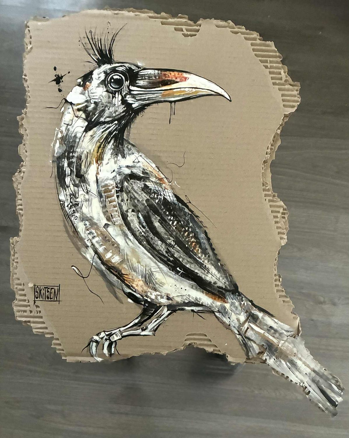 "L'oiseau mutant". Sur carton épais 51x40cm. ACrylisue, pastels, encres.... "Skitsen".