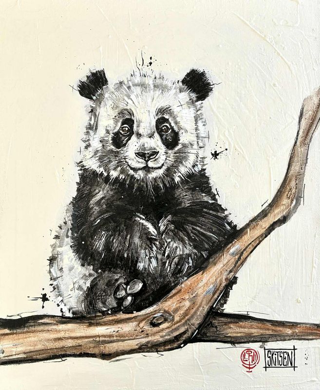"Panda". Sur une toile châssis lin 46x38cm. Acrylique, pastels, encres. "Skitsen"