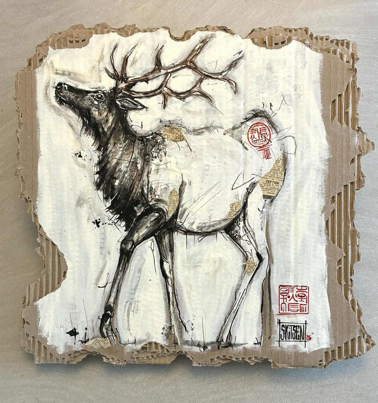 "Le cerf'. Sur carton épais 43x43cm. Acrylique, pastels, encres. "Skitsen"