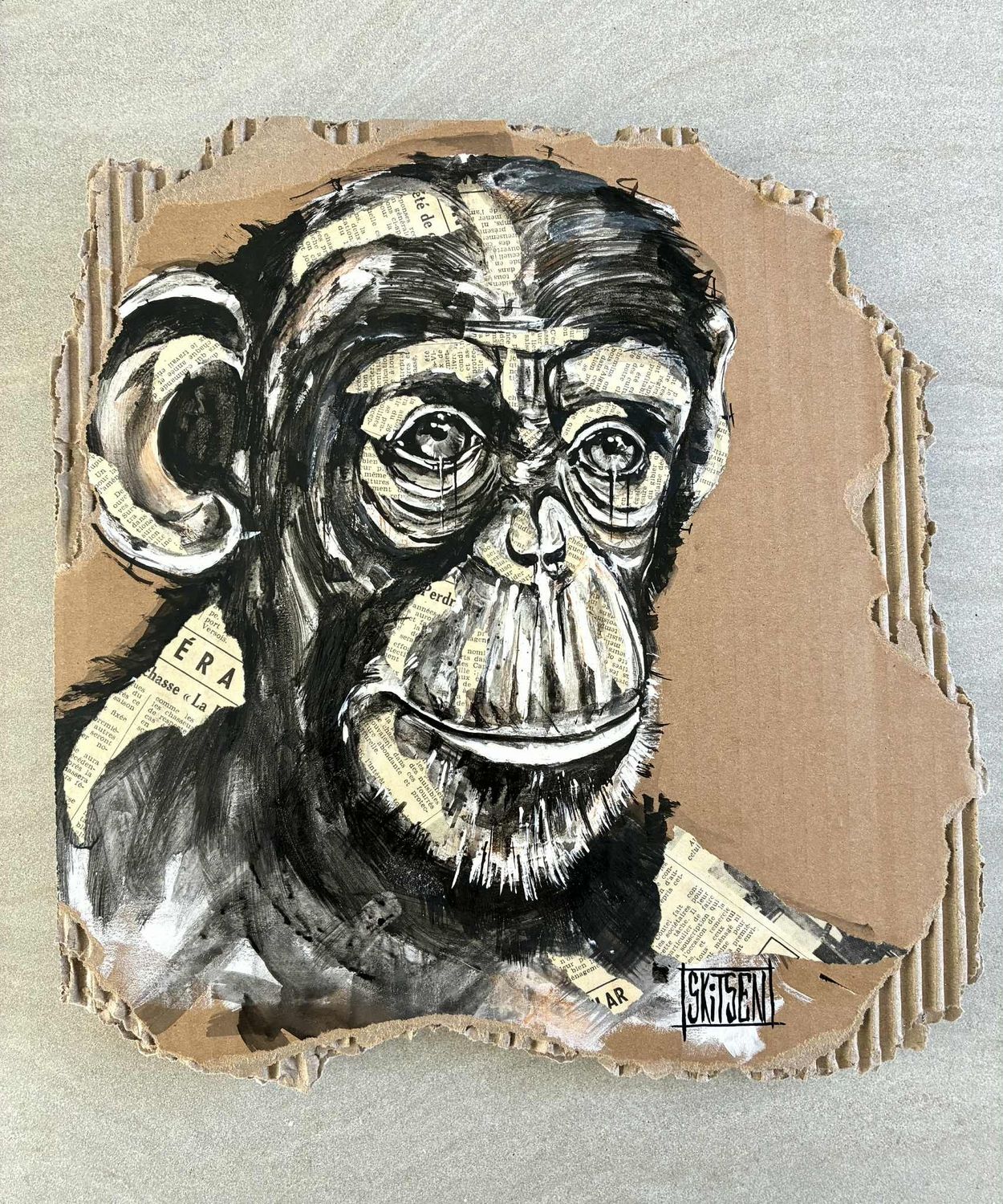 "Monkey". Sur un morceau de carton épais de 34x32cm Acrylique, encres, collages. "Skitsen"
