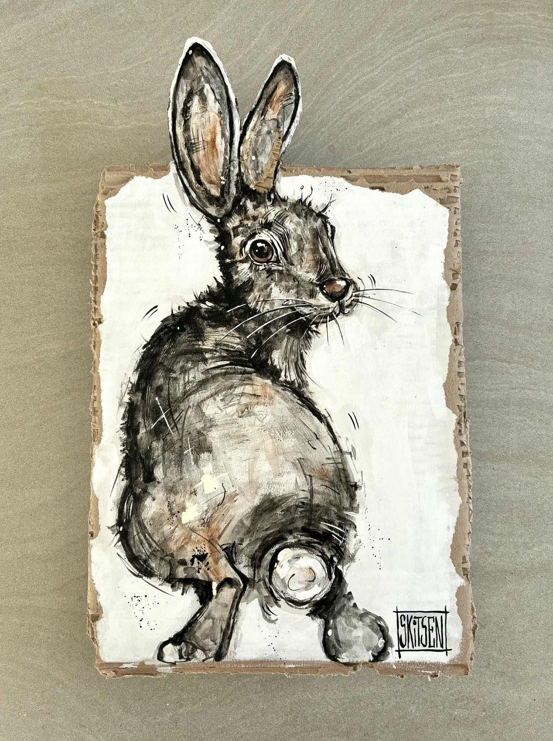 "Le lièvre". Sur carton épais de 46x27cm. Acrylique, pastels, encres.. "Skitsen"