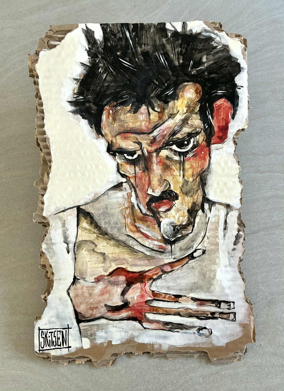 "Autoportrait de E.Schiele", inspiration Schiele. Sur carton épais. 39x25cm. Acrylique, pastels, encres.. "Skitsen"