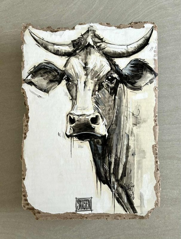 "La vache.!!" Sur carton épais de 38x26cm. Acrylique, encre de chine. "Skitsen".