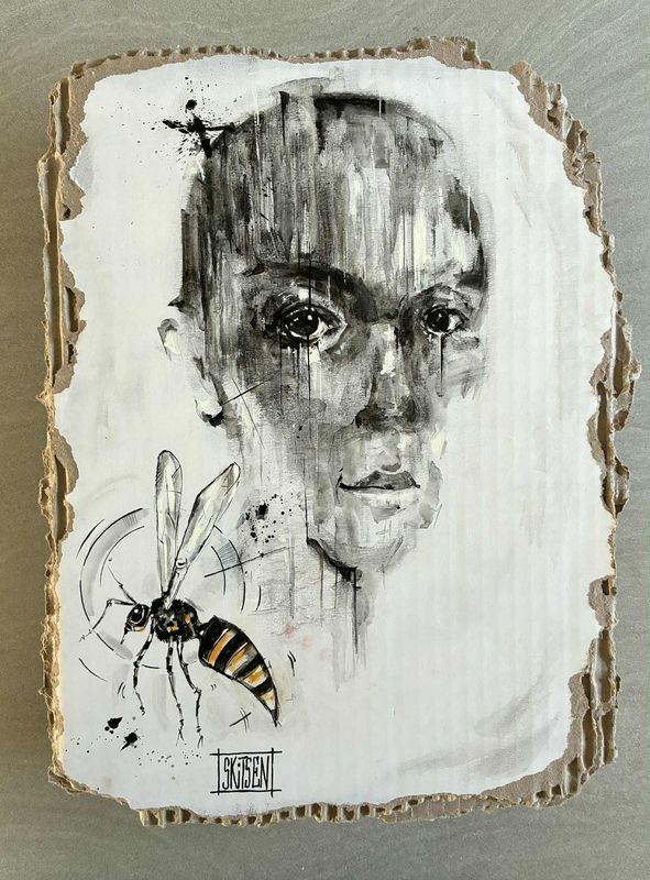 "Piqure..." Sur un morceau de carton épais 38x28cm. Acrylique, encres... "Skitsen"
