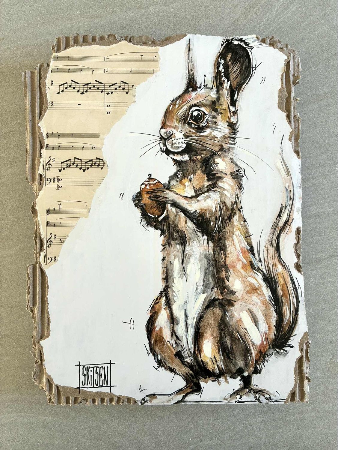 L'écureuil". Sur carton épais de 48x28cm. Acrylique, pastels, encres.. "Skitsen"