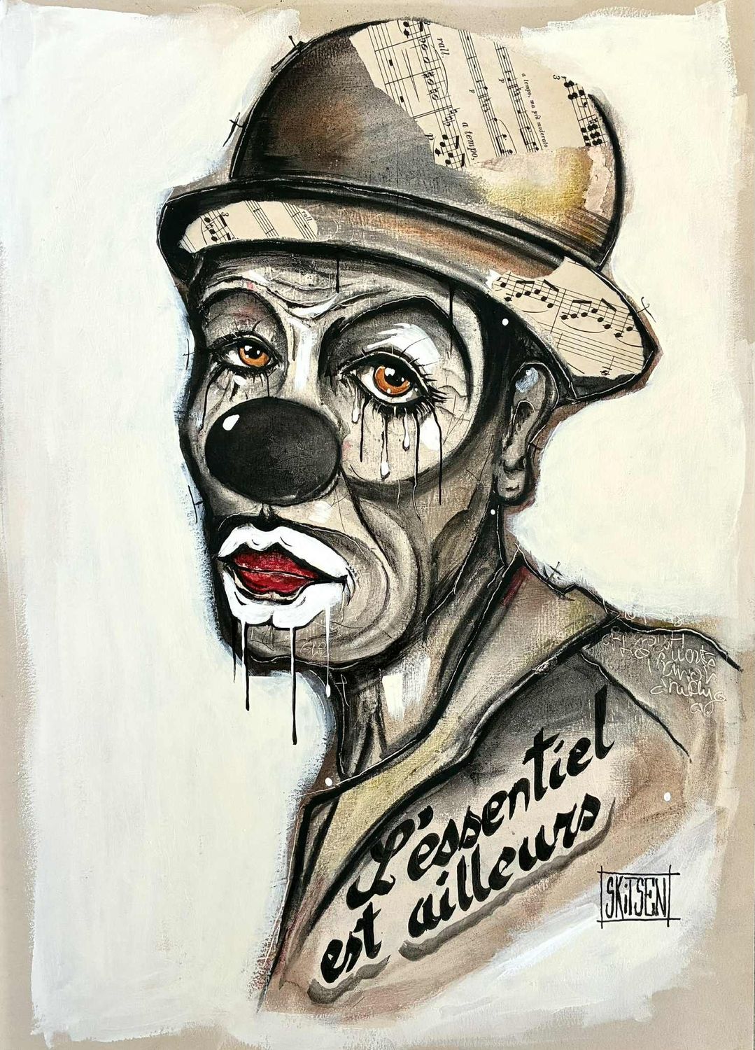 "L'essentiel est ailleurs". Sur papier écru 250gr 42X29,5cm. Pastels, fusains, encres, collages. "Skitsen"