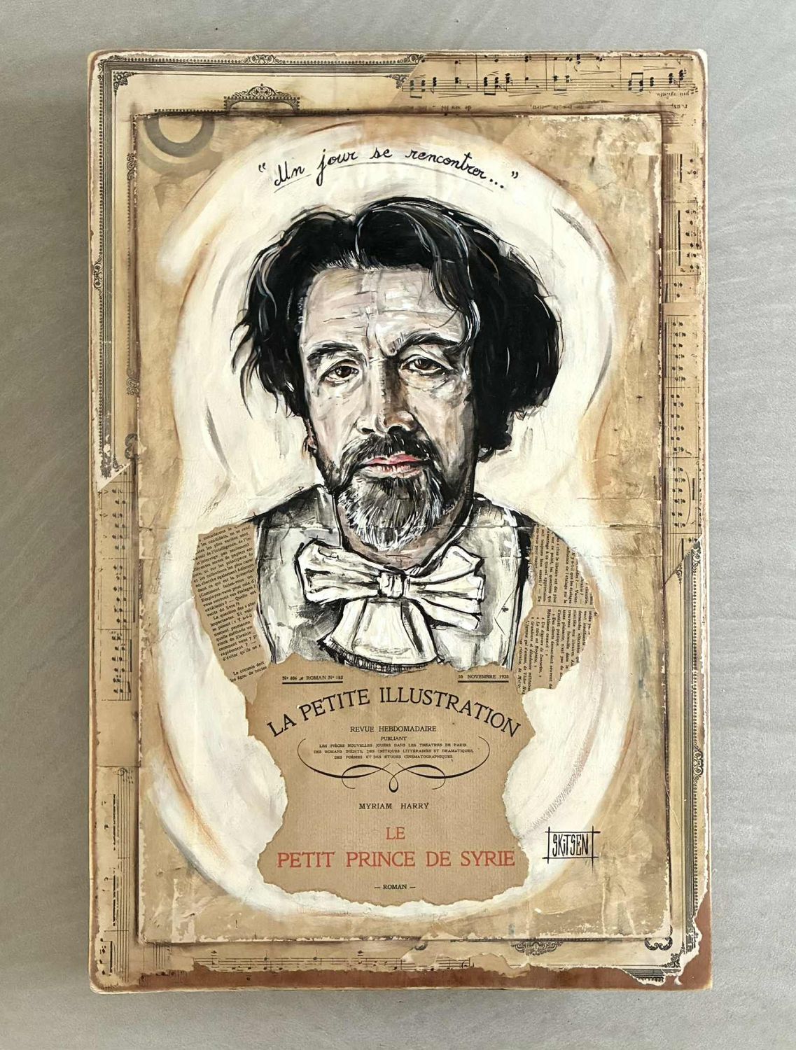 Commande comédien et acteur. (Paris). Sur une plaque bois 61x40,5cm. Sur vieilles pages , acrylique, pastels, encres.. Commande comédien et acteur. (Paris). Sur une plaque bois 61x40,5cm. Sur vieilles pages , acrylique, pastels, encres..