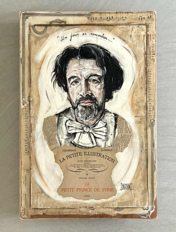 Commande comédien et acteur. (Paris). Sur une plaque bois 61x40,5cm. Sur vieilles pages , acrylique, pastels, encres..