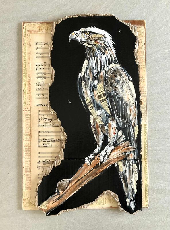 ´Force de la nature ´ Sur carton épais plaqué sur une plaque bois.  64x33cm Acrylique, pastels, encres, collages… "Skitsen"