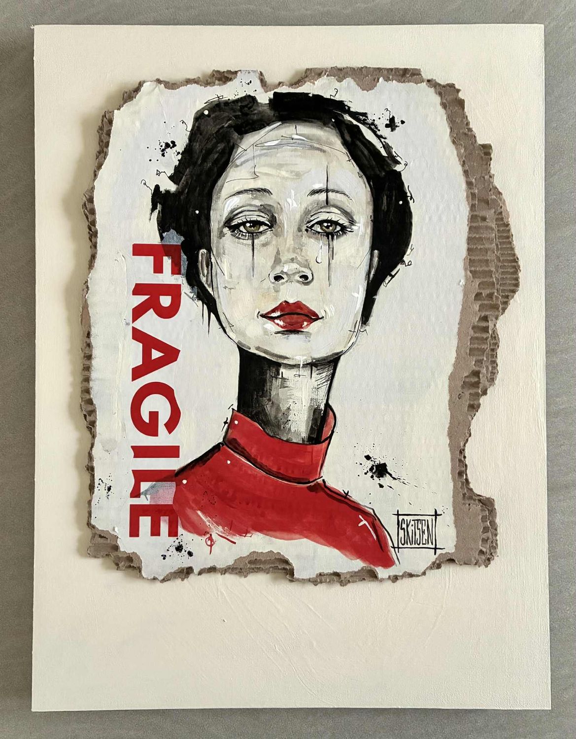 'Fragile'. Femme sur carton épais collée sur une toile encollée de 40x30cm. Acrylique, pastels, encres. 'Fragile'. Femme sur carton épais collée sur une toile encollée de 40x30cm. Acrylique, pastels, encres. "Skitsen".