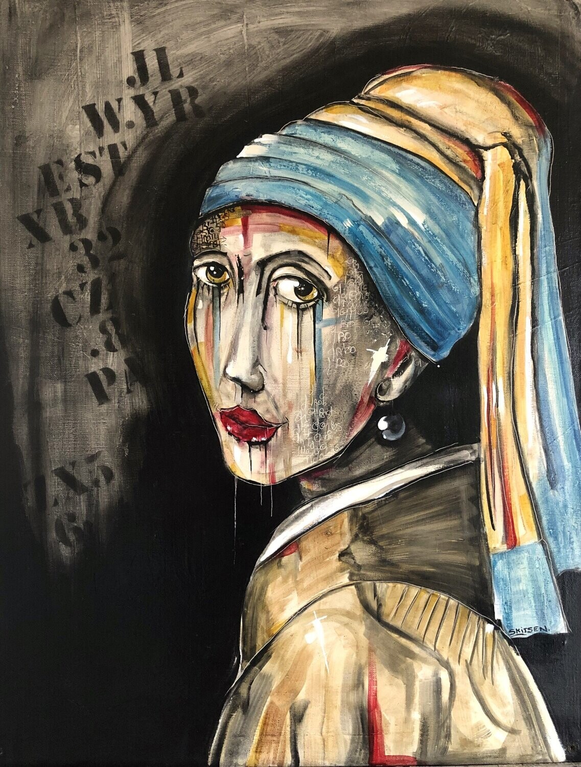 "Revisite de "La jeune fille à la perle' de J.Vermeer. Sur toile châssis lin de 65cmx50cm. Pastels, fusains, encres, vernis. Artiste "Skitsen"