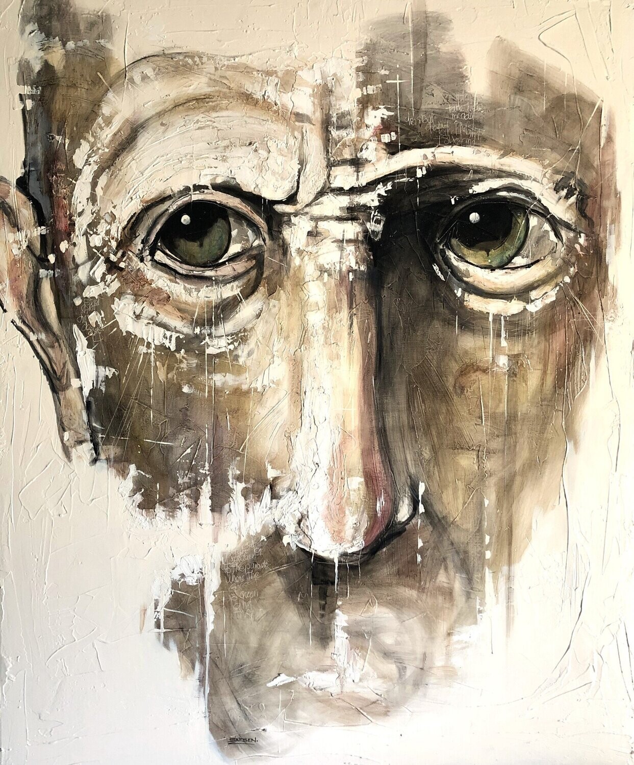 "Regard". Sur grande toile châssis XL 120x100cm Matières, pastels, fusains, acrylique, encres, vernis.... Artiste "Skitsen".