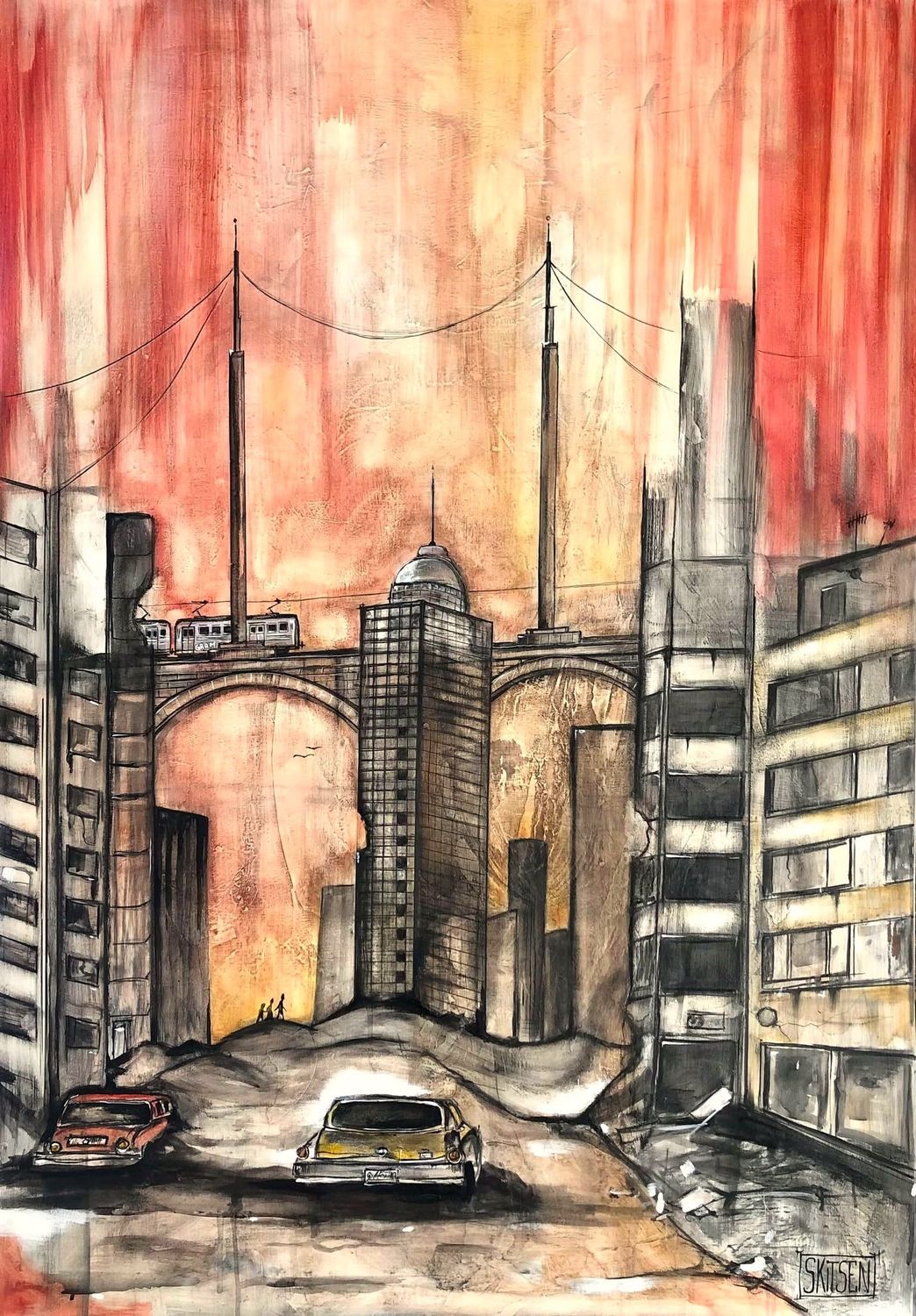 ´L’horizon apocalyptique'. Sur toile châssis 116x81cm. Acrylique, pastels, encres, fusains, vernis mat.... "Skitsen"