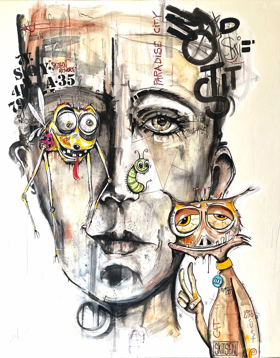 "Comprendra qui veut". Sur une toile châssis lin 100x80cm. Fusains, pastels, encres, vernis..... "Skitsen"