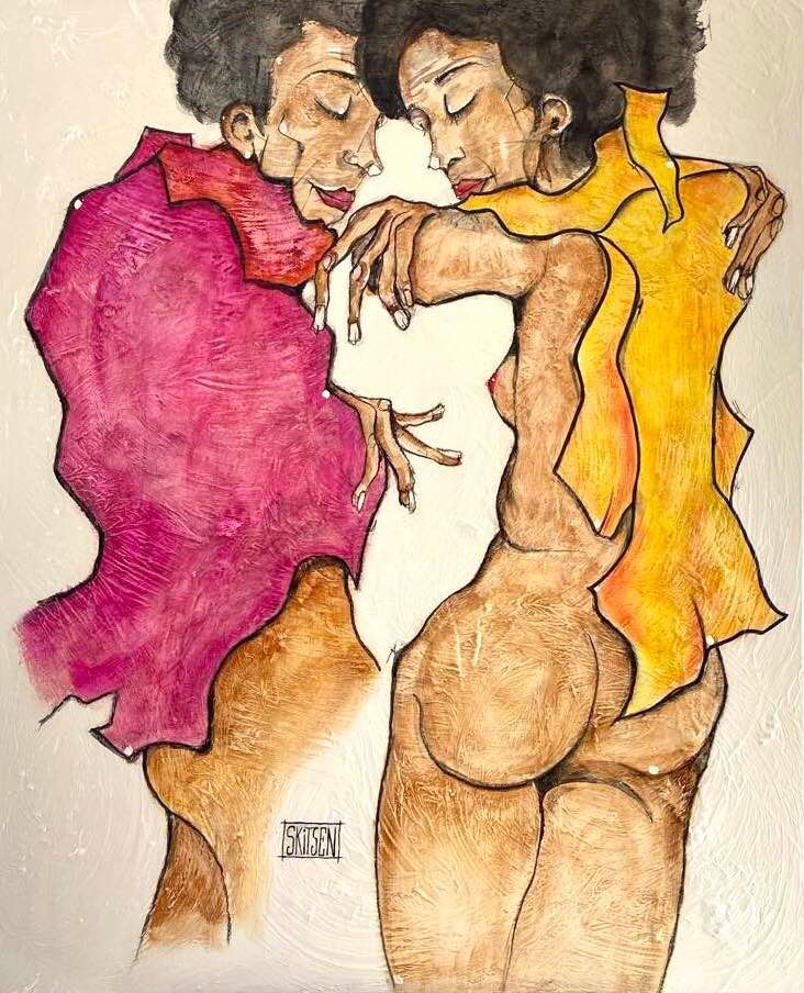 ´Intimité ´ Sur grande toile châssis lin 100x81cm. Matière, pastels, fusains, encres….vernis. "Skitsen"