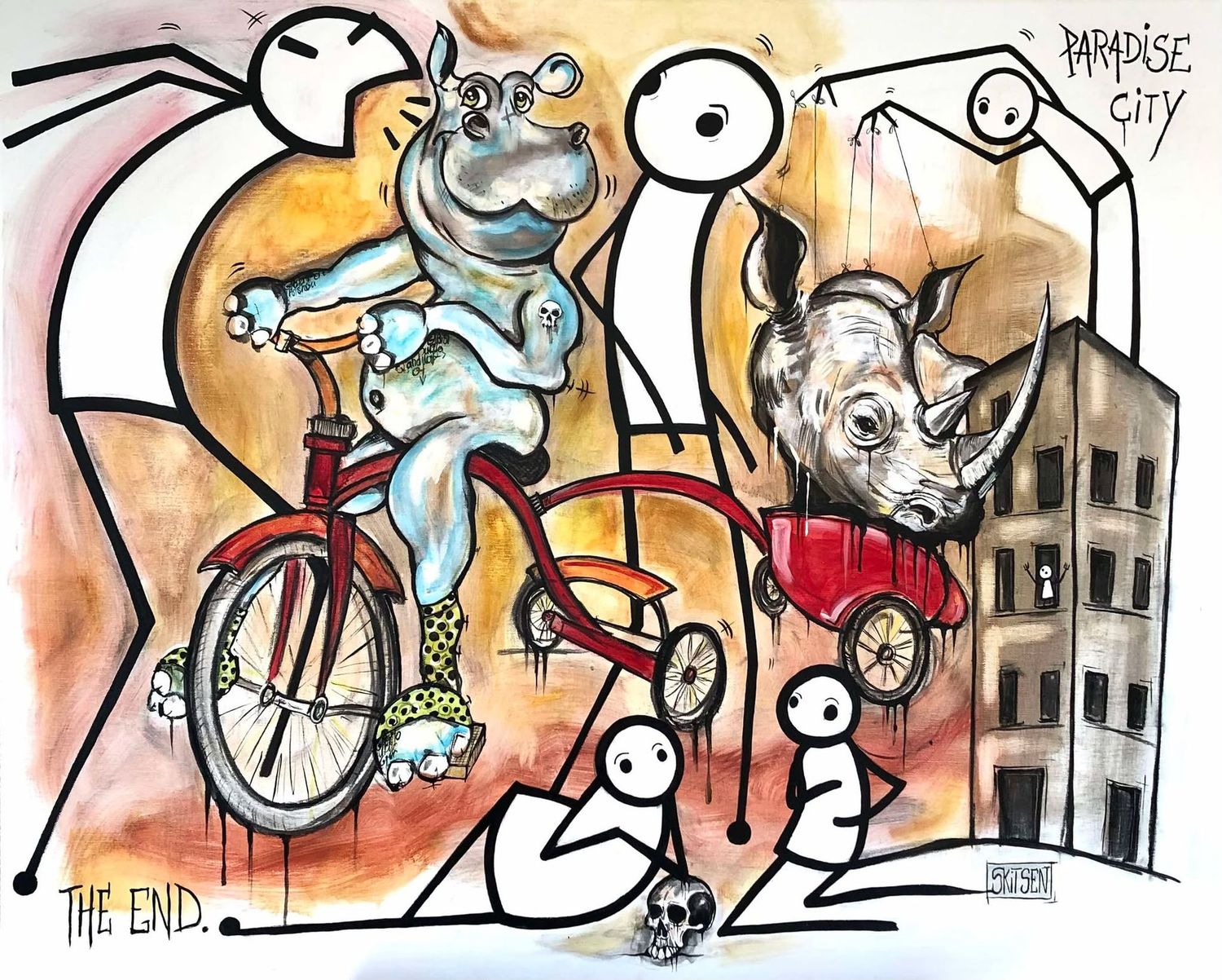 "Hypo'Stik'Tricycle". Sur une grande toile châssis lin de 100x81cm. Fusains, pastels, encres. "Skitsen"