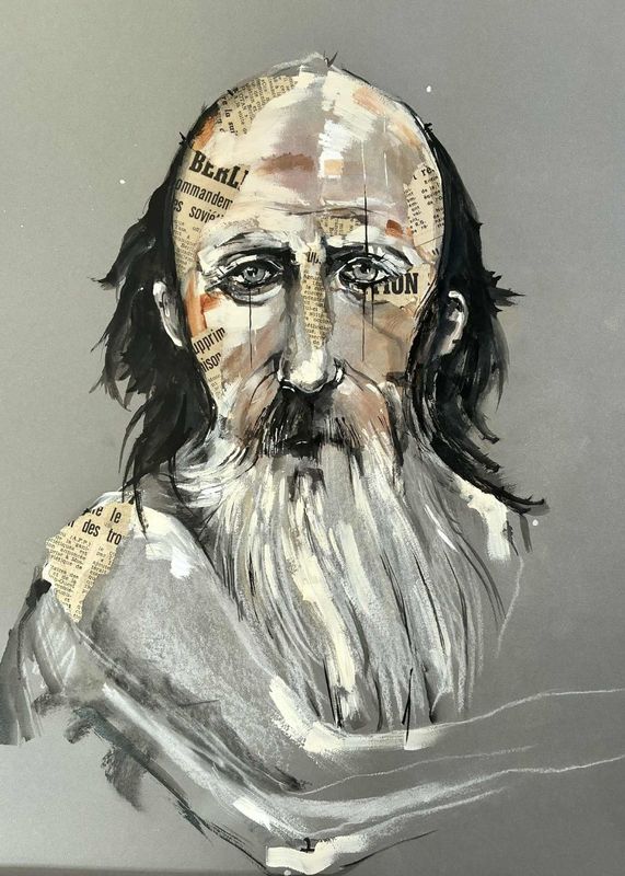 "Le sage". Sur papier gris 250gr 42x29,5cm Fusains, pastels, encres, acrylique, collages. "Skitsen"