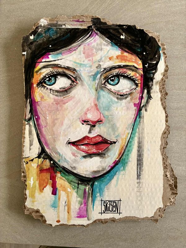 "La fille d'à côté" 38x37 cm sur carton épais. Acrylique, encres. "Skitsen"